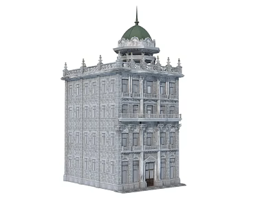Multi Storey Commercial Complex With Stone Facade Green Dome And Ornate Balconies 3d model