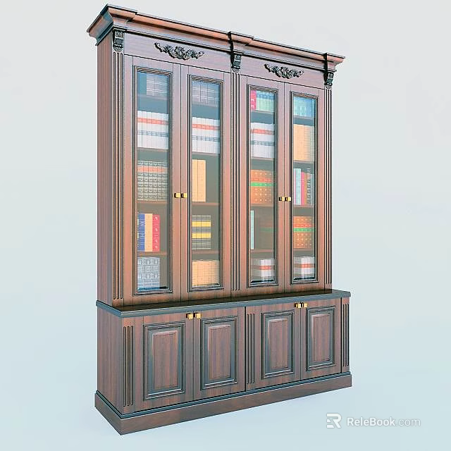 Classic Wooden Bookcase With Glass Doors Books Inside Decorative Top And Bottom Cabinets 3d model 