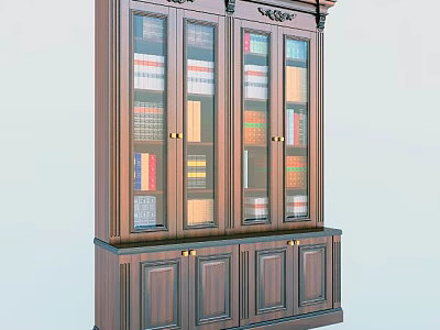 Classic Wooden Bookcase With Glass Doors Books Inside Decorative Top And Bottom Cabinets 3d model