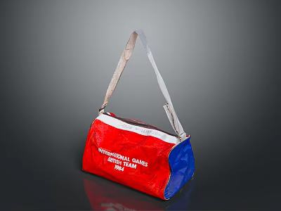 Red And Blue Canvas Handbag With International Cancer Research Campaign Text 3d model