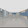 School Modern Classroom With Spacious Desks Chairs Digital Smartboard Windows And Blue Walls