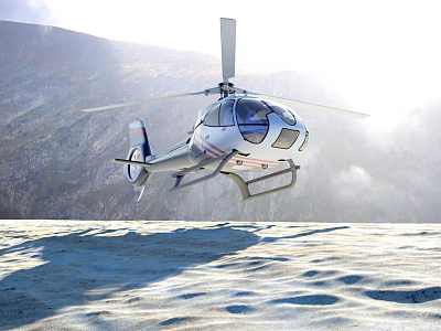 Sleek White Helicopter Flying Over Snow Covered Mountain Peaks In Bright Sunlight 3d model