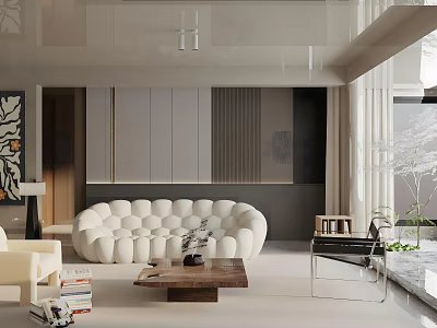 Modern Living Room Interior With White Tufted Sofa Wooden Coffee Table And Decorative Items 3d model