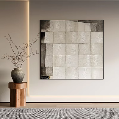 Modern Interior With Textured Panel Painting And Ceramic Vase On Wooden Stand 3d model
