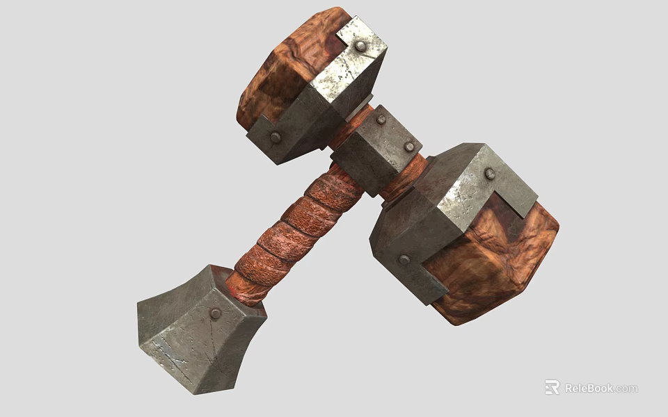 Medieval War Hammer With Double Headed Design Wooden Wrapped Handle And Metal Accents 3d model 