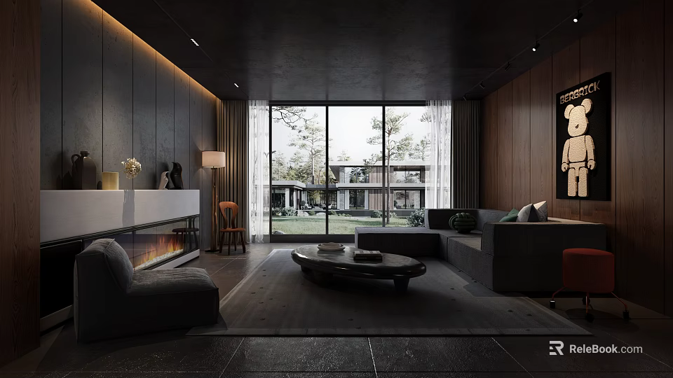 Dark Modern Living Room Interior With Large Windows Sofa Coffee Table And Fireplace 3d model