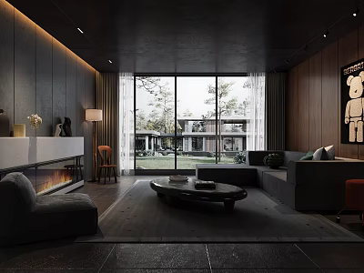 Dark Modern Living Room Interior With Large Windows Sofa Coffee Table And Fireplace 3d model