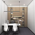 Modern Office Interior with Glass Partitions White Tables Chairs Wooden Cabinets and Light Strips