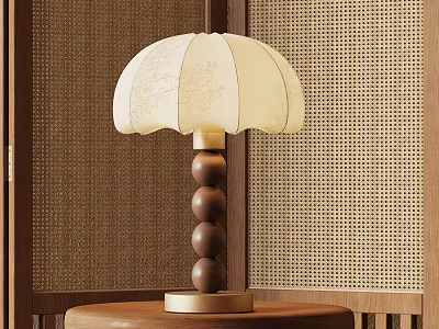 Table Lamp with White Floral Lampshade and Wooden Ball Post on Gold Base 3d model