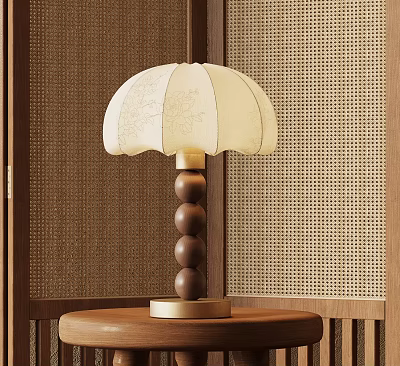 Table Lamp with White Floral Lampshade and Wooden Ball Post on Gold Base 3d model