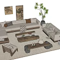 Natural Beige Sofa Coffee Table Set With Accent Pillows Wall Art Floor Plant Rug