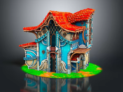 Colorful Cartoon House Scene With Red Roof Blue Walls Arched Windows Balconies And Green Grass 3d model