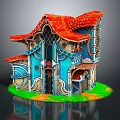 Colorful Cartoon House Scene With Red Roof Blue Walls Arched Windows Balconies And Green Grass