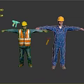 Construction Workers Wearing Yellow Hard Hats Safety Vest And Blue Overalls With Tools