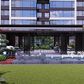Garden Landscape with High Rise Buildings Blooming Trees Deer Sculpture Stream Fountain and Stepping Stones