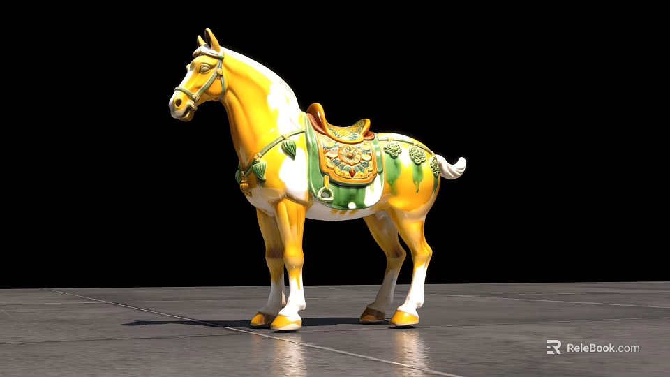 Yellow Horse Decorative Figurine Set With Green Patterns And Ornate Saddle 3d model 