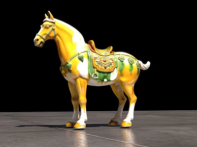Yellow Horse Decorative Figurine Set With Green Patterns And Ornate Saddle 3d model