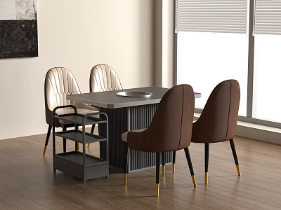 Modern Dining Table with Gray Tabletop Brown Beige Chairs Side Cart and Wooden Floor 3d model