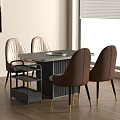 Modern Dining Table with Gray Tabletop Brown Beige Chairs Side Cart and Wooden Floor