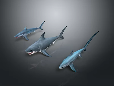Aquatic Animals Three Sharks Swimming In Deep Blue Ocean Water 3d model