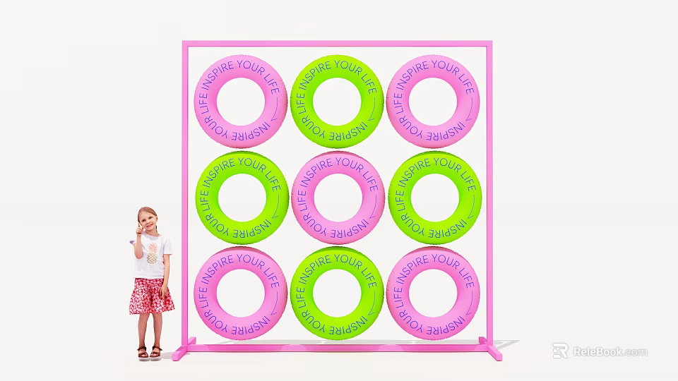 Pink Frame Ring Toss Game With Pink And Green Swimming Rings 3d model 
