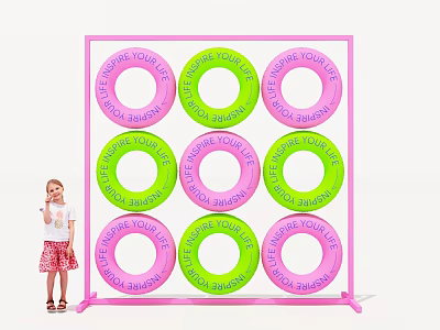 Pink Frame Ring Toss Game With Pink And Green Swimming Rings 3d model