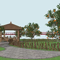 Garden Landscape With Wooden Pavilion Red Bridge Stone Path Wooden Fence And Orange Trees
