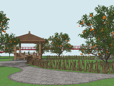 Garden Landscape With Wooden Pavilion Red Bridge Stone Path Wooden Fence And Orange Trees 3d model