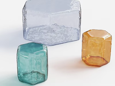 Three Transparent Hexagonal Textured Stools In Light Blue Green And Orange For Modern Decor 3d model