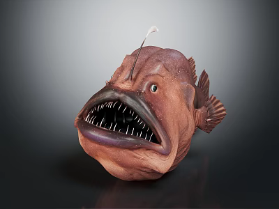 Brown Anglerfish Creature Sculpture With Open Mouth Sharp Teeth And Lure On Head 3d model