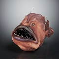 Brown Anglerfish Creature Sculpture With Open Mouth Sharp Teeth And Lure On Head