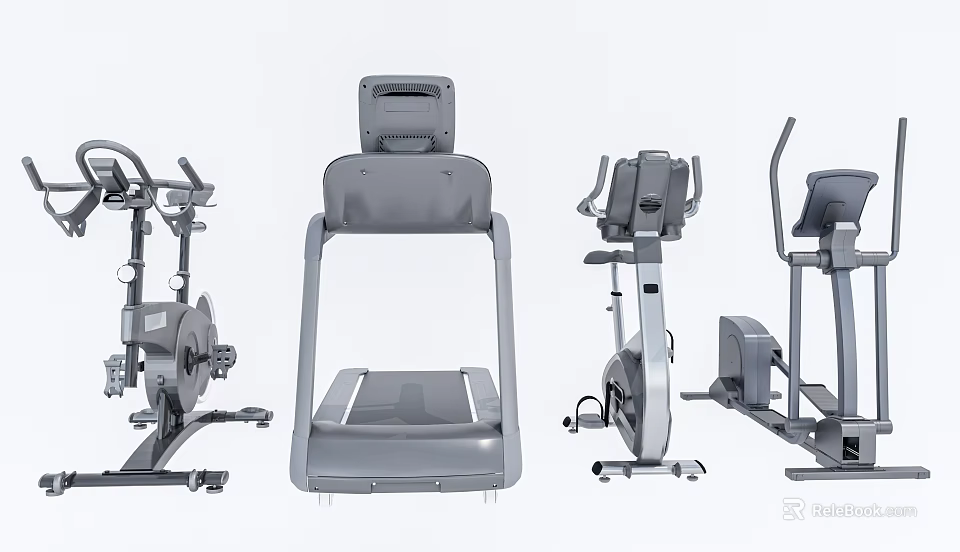 Modern Home Sports Equipment Collection With Treadmill Elliptical Machine Stationary Bike And Rowing Trainer 3d model 