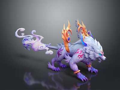 Mythical Creature With White Fur Purple Body Flame Decorations Red Patterns And Curled Tail 3d model