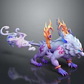 Mythical Creature With White Fur Purple Body Flame Decorations Red Patterns And Curled Tail