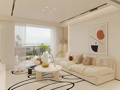 Elegant Modern Dining Living Room Open Concept With Beige Sofa Round Rug And Decorative Art 3d model