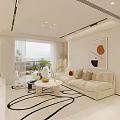 Elegant Modern Dining Living Room Open Concept With Beige Sofa Round Rug And Decorative Art