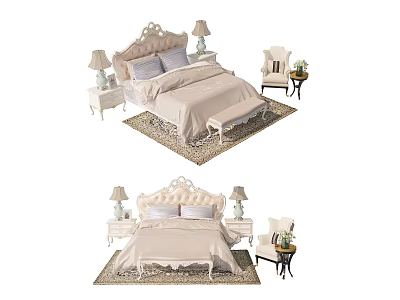 Elegant Double Bed Bedroom Setup With Bedside Tables Table Lamps Ottoman And Chair 3d model