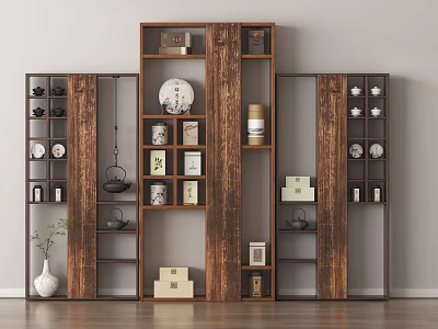 Wooden Multi Tiered Display Shelves With Decorative Items Tea Sets Books And Plates 3d model