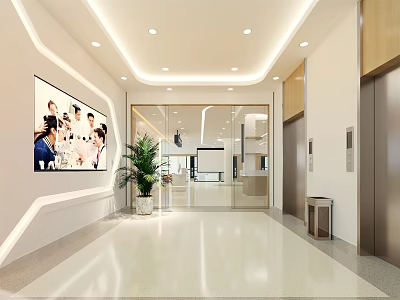 Modern Office Lobby Corridor With Large Photo Green Plant Elevator Doors And Recessed Lighting 3d model