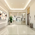 Modern Office Lobby Corridor With Large Photo Green Plant Elevator Doors And Recessed Lighting