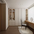 Modern Walk-in Closet Interior With Glass Fronted Cabinets Blinds Dressing Table Chair And Rug