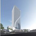Modern Tall Office Building With Glass Curtain Wall Blue Sky And Green Plants Around