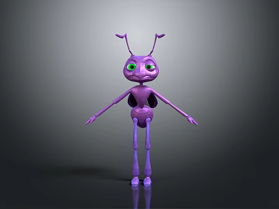 Purple Cartoon Ant Character With Green Eyes Long Antennae And Slender Limbs 3d model