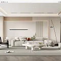 Modern Minimalist Living Room With Beige Sofa Armchair White Coffee Table And Floor Lamp
