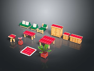 Pixel Art Furniture Set With Green Benches Red Tables Wooden Cabinets And Potted Plant 3d model
