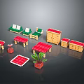 Pixel Art Furniture Set With Green Benches Red Tables Wooden Cabinets And Potted Plant