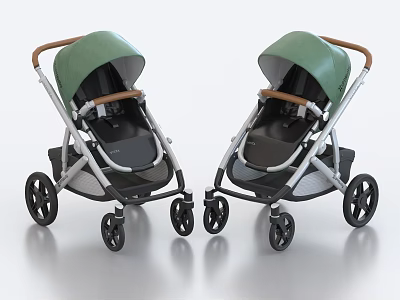 Two Stylish Baby Strollers With Green Canopies And Wooden Handles 3d model