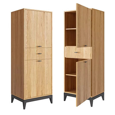 Wooden Storage Cabinet With Open Closed Doors Drawers Shelves And Black Legs 3d model