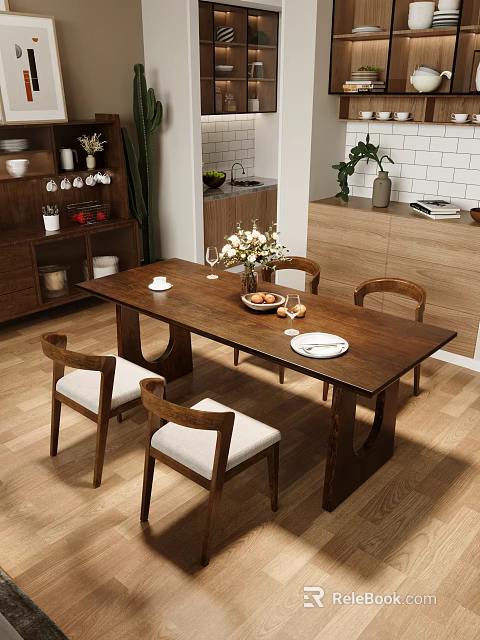 Modern Kitchen Wooden Dining Table Set with Chairs Upholstered Seats Vase Flowers Plates Wine Glasses 3d model 