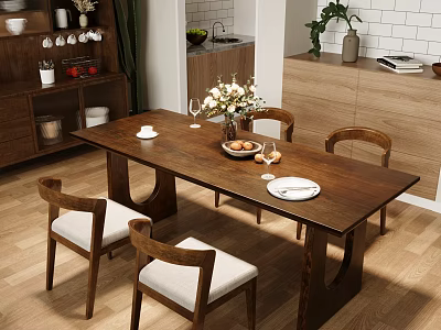 Modern Kitchen Wooden Dining Table Set with Chairs Upholstered Seats Vase Flowers Plates Wine Glasses 3d model